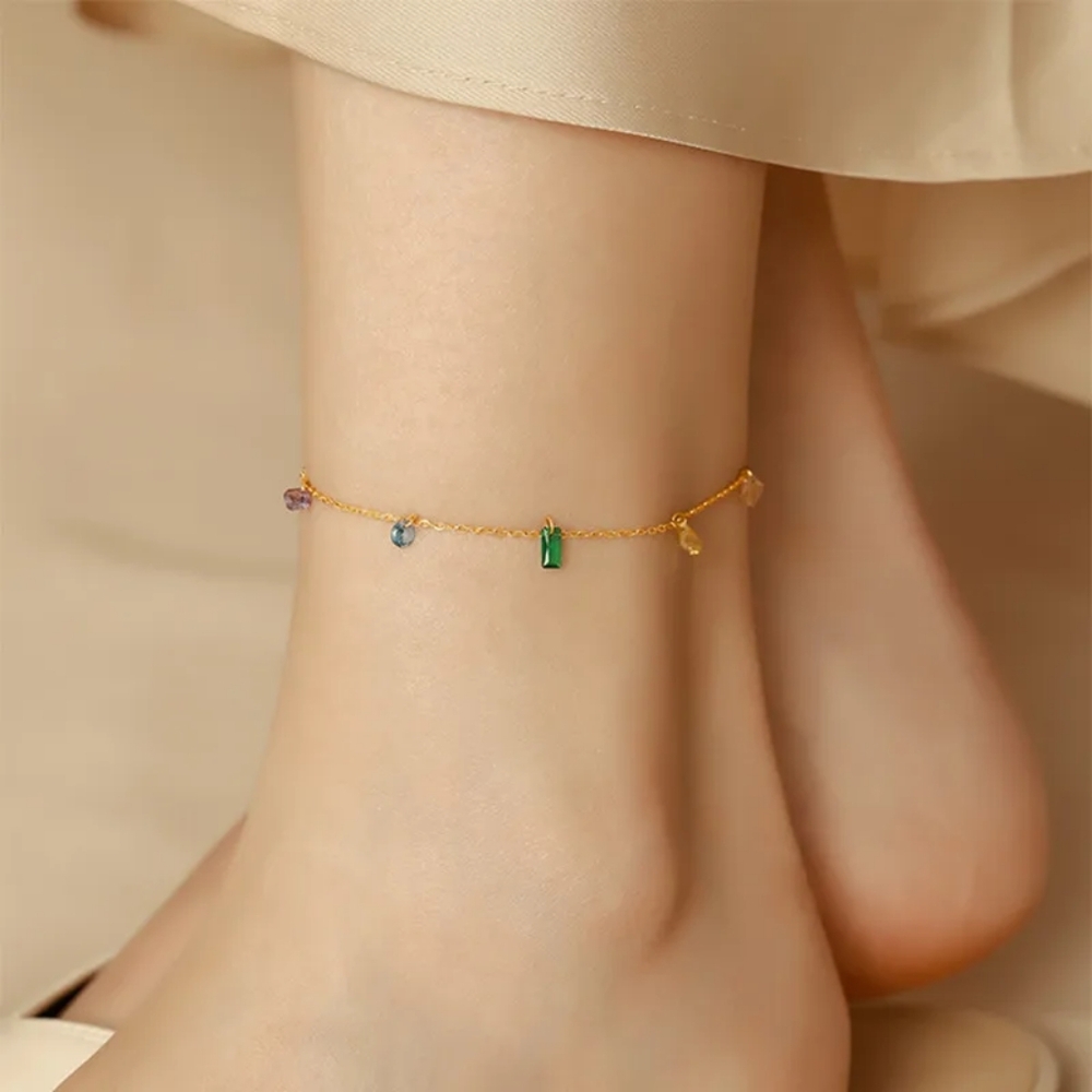 Gold Plated Anklet BraceletWith Colorful Crystal Gemstones Summer Accesories